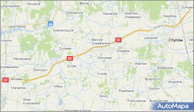 mapa Ostrowiec gmina Chynów, Ostrowiec gmina Chynów na mapie Targeo