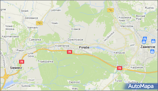 mapa Poręba powiat zawierciański, Poręba powiat zawierciański na mapie Targeo