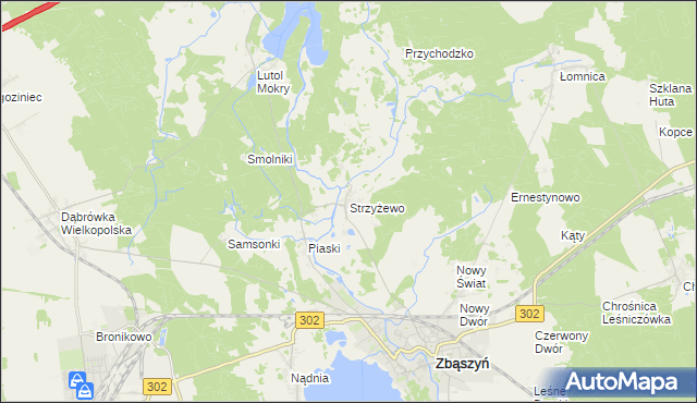 mapa Strzyżewo gmina Zbąszyń, Strzyżewo gmina Zbąszyń na mapie Targeo