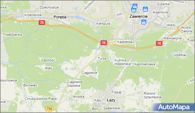 mapa Turza gmina Łazy, Turza gmina Łazy na mapie Targeo