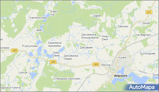 mapa Zakrzewek gmina Więcbork, Zakrzewek gmina Więcbork na mapie Targeo