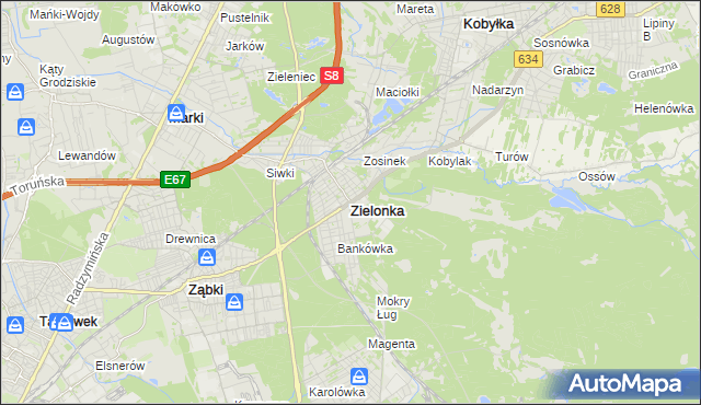 mapa Zielonka powiat wołomiński, Zielonka powiat wołomiński na mapie Targeo