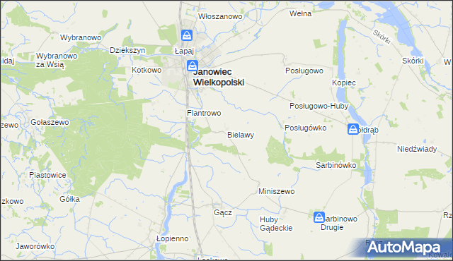 mapa Bielawy gmina Janowiec Wielkopolski, Bielawy gmina Janowiec Wielkopolski na mapie Targeo