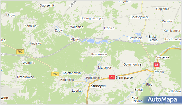 mapa Kostkowice gmina Kroczyce, Kostkowice gmina Kroczyce na mapie Targeo