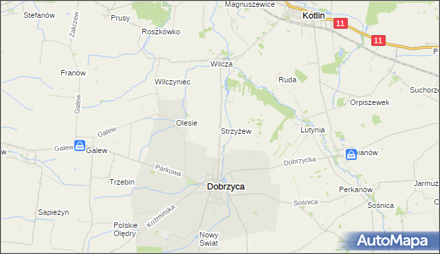 mapa Strzyżew gmina Dobrzyca, Strzyżew gmina Dobrzyca na mapie Targeo
