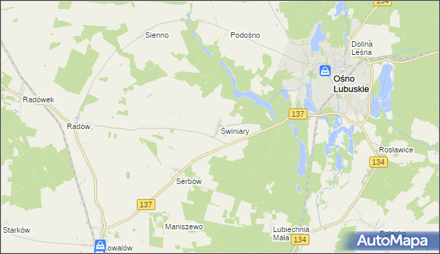 mapa Świniary gmina Ośno Lubuskie, Świniary gmina Ośno Lubuskie na mapie Targeo