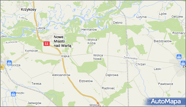 mapa Wolica Nowa gmina Nowe Miasto nad Wartą, Wolica Nowa gmina Nowe Miasto nad Wartą na mapie Targeo