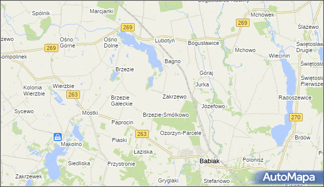 mapa Zakrzewo gmina Babiak, Zakrzewo gmina Babiak na mapie Targeo