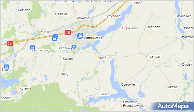 mapa Zieleń gmina Trzemeszno, Zieleń gmina Trzemeszno na mapie Targeo