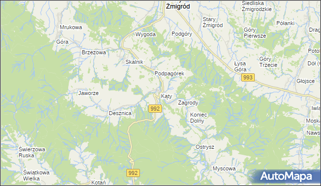 mapa Kąty gmina Nowy Żmigród, Kąty gmina Nowy Żmigród na mapie Targeo