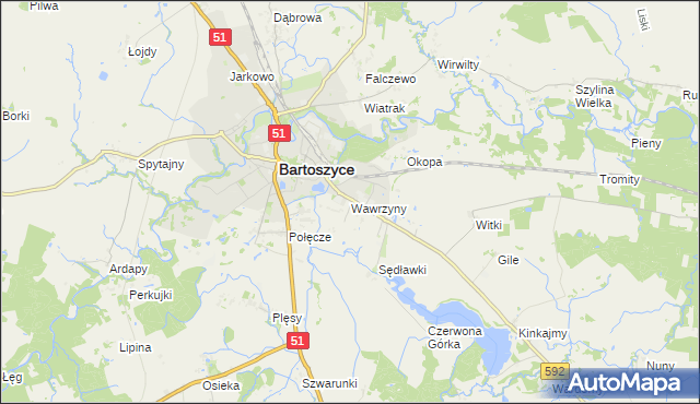 mapa Wawrzyny gmina Bartoszyce, Wawrzyny gmina Bartoszyce na mapie Targeo