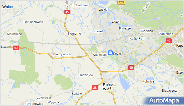 mapa Większyce, Większyce na mapie Targeo