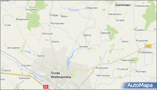 mapa Janowo gmina Środa Wielkopolska, Janowo gmina Środa Wielkopolska na mapie Targeo