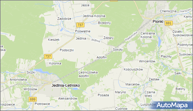mapa Adolfin gmina Pionki, Adolfin gmina Pionki na mapie Targeo