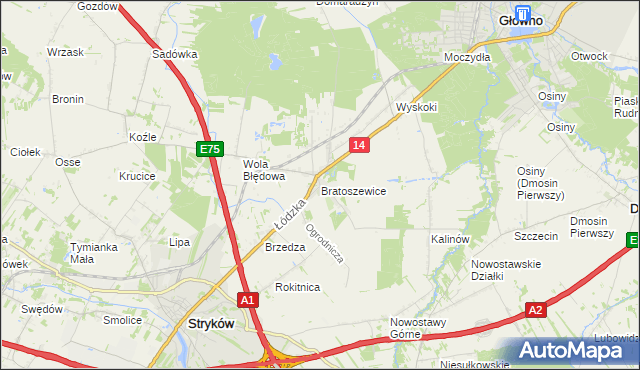 mapa Bratoszewice, Bratoszewice na mapie Targeo