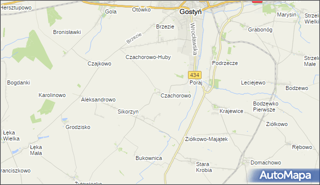 mapa Czachorowo gmina Gostyń, Czachorowo gmina Gostyń na mapie Targeo