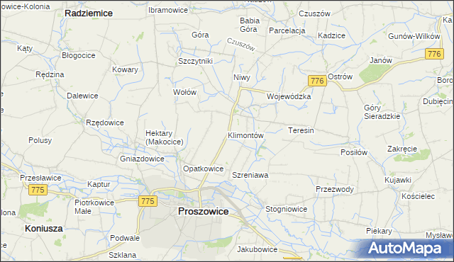 mapa Klimontów gmina Proszowice, Klimontów gmina Proszowice na mapie Targeo