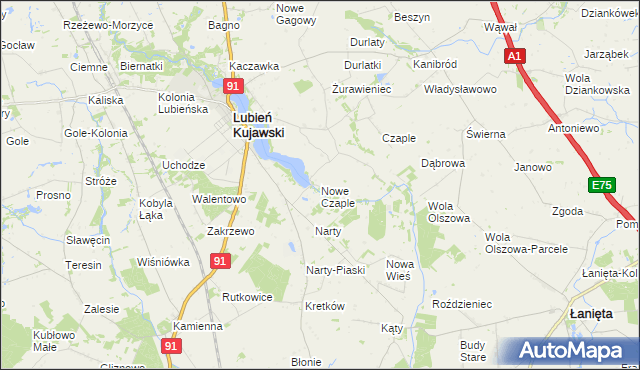 mapa Nowe Czaple gmina Lubień Kujawski, Nowe Czaple gmina Lubień Kujawski na mapie Targeo