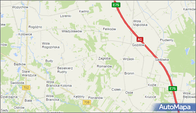 mapa Zagłoba gmina Stryków, Zagłoba gmina Stryków na mapie Targeo