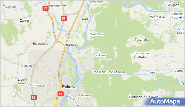 mapa Ponikiew gmina Pułtusk, Ponikiew gmina Pułtusk na mapie Targeo
