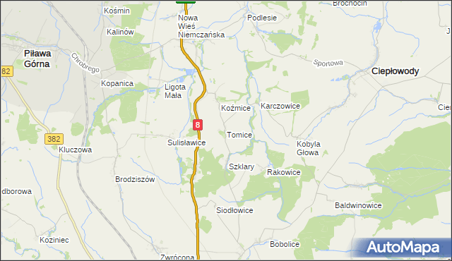 mapa Tomice gmina Ciepłowody, Tomice gmina Ciepłowody na mapie Targeo