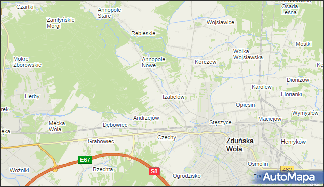 mapa Izabelów gmina Zduńska Wola, Izabelów gmina Zduńska Wola na mapie Targeo