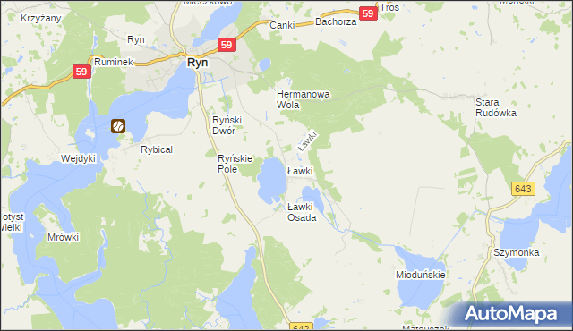 mapa Ławki gmina Ryn, Ławki gmina Ryn na mapie Targeo