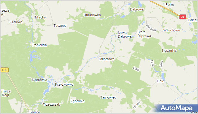 mapa Miłostowo gmina Kwilcz, Miłostowo gmina Kwilcz na mapie Targeo