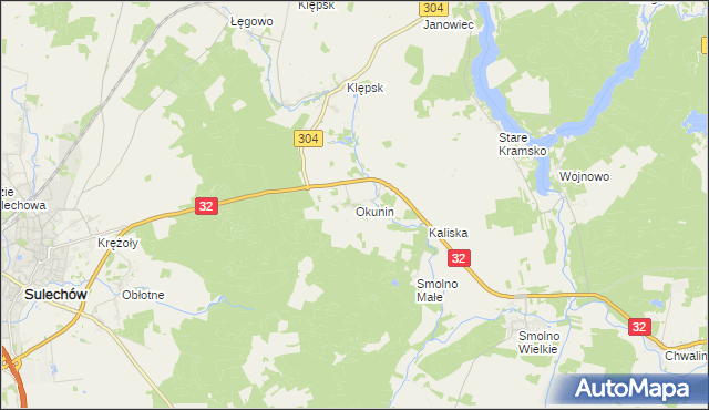 mapa Okunin gmina Sulechów, Okunin gmina Sulechów na mapie Targeo