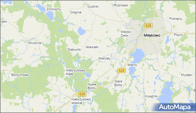 mapa Warkały gmina Miłakowo, Warkały gmina Miłakowo na mapie Targeo