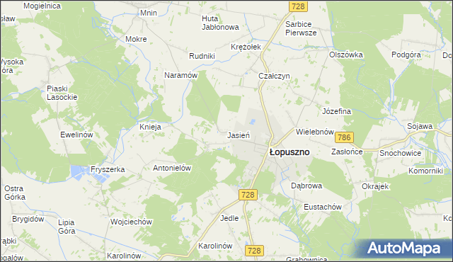 mapa Jasień gmina Łopuszno, Jasień gmina Łopuszno na mapie Targeo