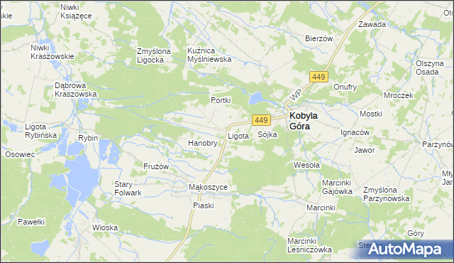 mapa Ligota gmina Kobyla Góra, Ligota gmina Kobyla Góra na mapie Targeo