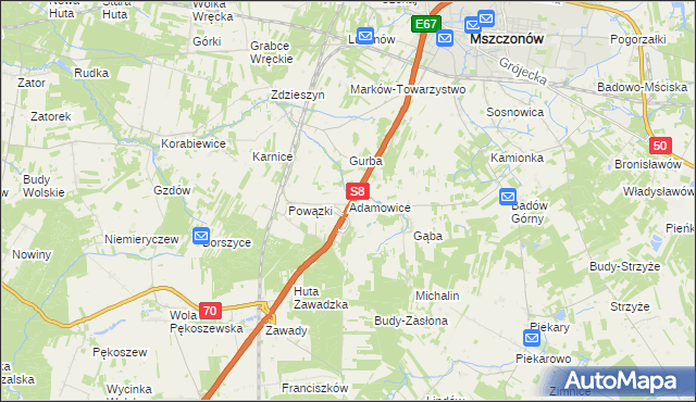 mapa Adamowice gmina Mszczonów, Adamowice gmina Mszczonów na mapie Targeo