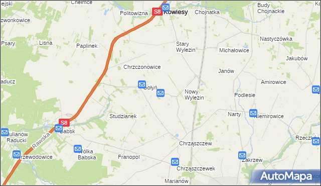 mapa Antoninów gmina Biała Rawska, Antoninów gmina Biała Rawska na mapie Targeo