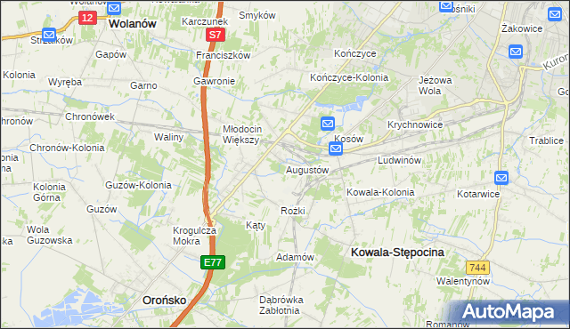 mapa Augustów gmina Kowala, Augustów gmina Kowala na mapie Targeo