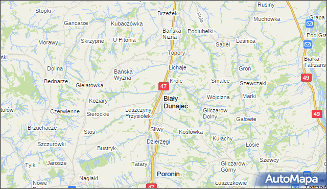 mapa Biały Dunajec, Biały Dunajec na mapie Targeo