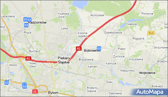 mapa Bobrowniki powiat będziński, Bobrowniki powiat będziński na mapie Targeo