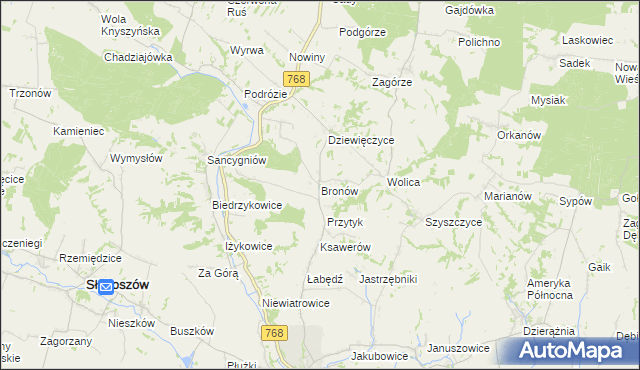 mapa Bronów gmina Działoszyce, Bronów gmina Działoszyce na mapie Targeo