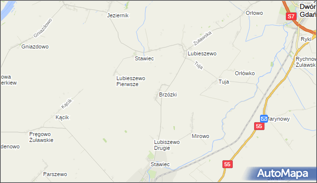 mapa Brzózki gmina Nowy Staw, Brzózki gmina Nowy Staw na mapie Targeo