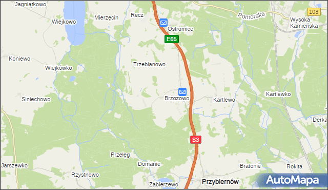 mapa Brzozowo gmina Przybiernów, Brzozowo gmina Przybiernów na mapie Targeo