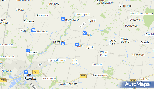 mapa Byki gmina Biała Rawska, Byki gmina Biała Rawska na mapie Targeo