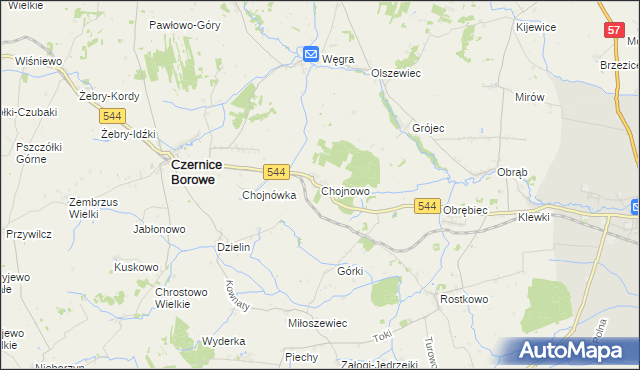 mapa Chojnowo gmina Czernice Borowe, Chojnowo gmina Czernice Borowe na mapie Targeo