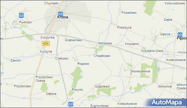mapa Chwałkowo gmina Krobia, Chwałkowo gmina Krobia na mapie Targeo