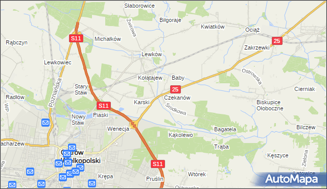 mapa Czekanów gmina Ostrów Wielkopolski, Czekanów gmina Ostrów Wielkopolski na mapie Targeo