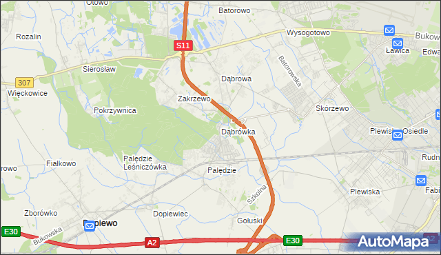 mapa Dąbrówka gmina Dopiewo, Dąbrówka gmina Dopiewo na mapie Targeo