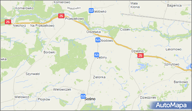 mapa Dębiny gmina Sośno, Dębiny gmina Sośno na mapie Targeo