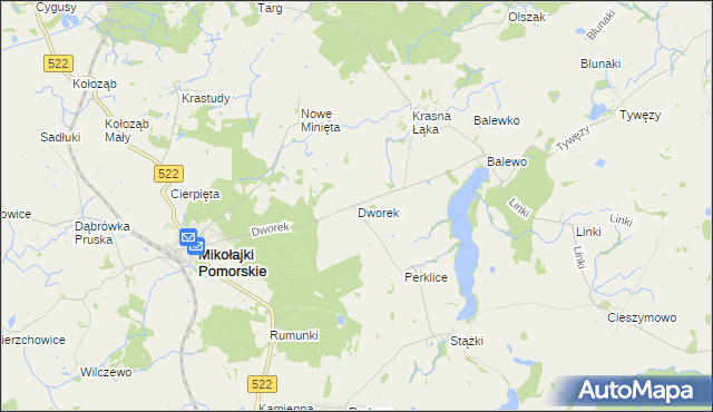 mapa Dworek gmina Mikołajki Pomorskie, Dworek gmina Mikołajki Pomorskie na mapie Targeo