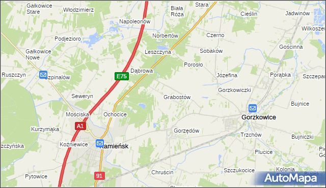 mapa Grabostów gmina Gorzkowice, Grabostów gmina Gorzkowice na mapie Targeo