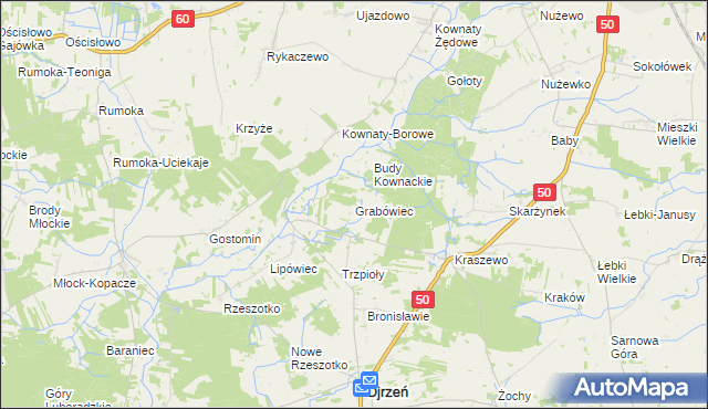 mapa Grabówiec gmina Ojrzeń, Grabówiec gmina Ojrzeń na mapie Targeo
