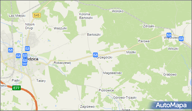 mapa Grzegórzki gmina Nidzica, Grzegórzki gmina Nidzica na mapie Targeo